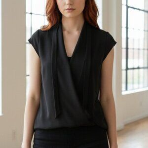 Black Sleeveless Drape Front Surplice Blouse - Minimalist Career Top